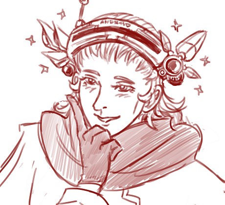 The image is a lineart in red. It depicts a young version of Ansem the Wise wearing clothes similar, though far from identical, to his DiZ self. He also has a fancy fantastical tech visor currently sitting where a headband would which has the word 'Android' written on it. He is tapping his chin with a finger, smiling in a cute fashion. He sparkles.