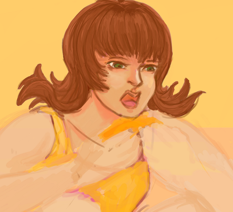 The image is a painting in oranges, beiges, and browns. It depicts Selphie crouching in her orange dress against a warm, sunset background, eating a tropical fruit, perhaps a mango, with her bare hands.
