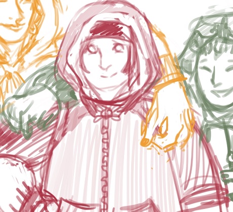 The image is a sketch in orange, red, green, and blue. It depicts Wakka, Pence, Hayner, and Tidus in raincoats. They stand in a line, Wakka and Hayner with the arms around Pence, and Tidus with a hand on Hayner's shoulder and a fist pumping the air as if he is cheering Pence on. Wakka and Tidus's raincoats and outfits have no sleeves, and they generally resemble their usual outfits. This includes Tidus's mismatched pants. Pence is wearing Dogstreet-themed raincoat, and his gumboots have little bone symbols on them. Hayner's raincoat has a camo design.
