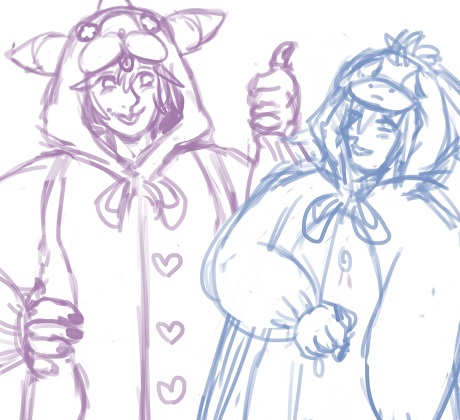 The image is a sketch in purples and blues. It depicts Sora, Repliku, Dark Riku, and a single aqua circle that was intended to develop into Riku. Sora, Repliku, and Dark Repliku wear raincoats. Sora, whose raincoat resembles a Meow Wow, gives a smile and a thumbs up to Repliku, who holds a chest in front of himself bashfully, his other hand clenched in his Eeyore-styled raincoat. Dark Repliku crouches behind Repliku and toys with the Eeyore tail that dangles from the back of Repliku's raincoat. Text on his raincoat reads 'Unfinished', because the artist (me) forget what he was supposed to wear. Riku, if he were done, would be wearing a Komory Bat raincoat that also resembled an additional bat-themed raincoat the artist enjoyed.